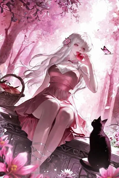 Mỹ nhân anime trong làn sương hồng, bối cảnh hoa rơi, ánh sáng nhẹ khiến ảnh bay bổng.