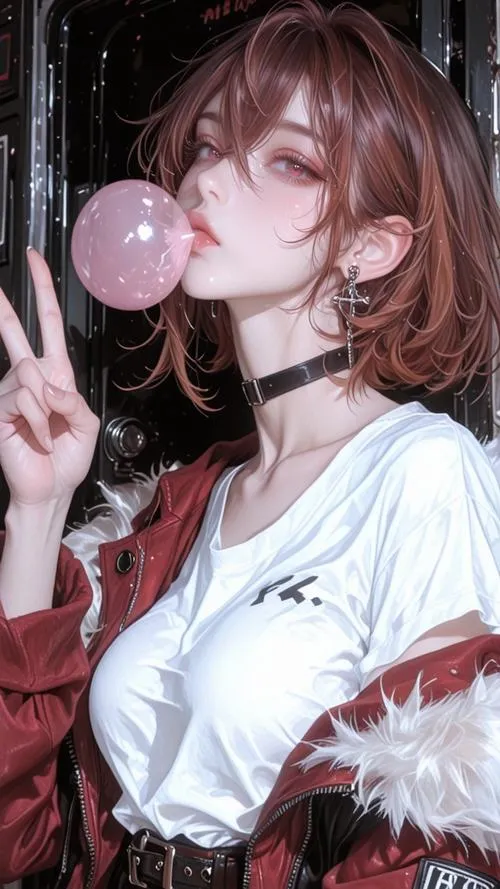 Cô nàng xinh tóc nâu thổi kẹo, biểu cảm gương mặt tinh nghịch, trang phục giản dị mà hút mắt.