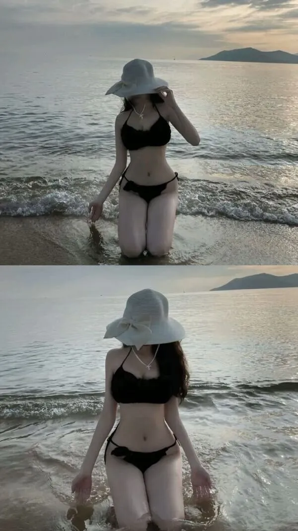 Túi cói cầm hờ bên hông, cô gái quay lưng, bikini ôm eo, đôi chân thon, vibe đi biển rất sang.