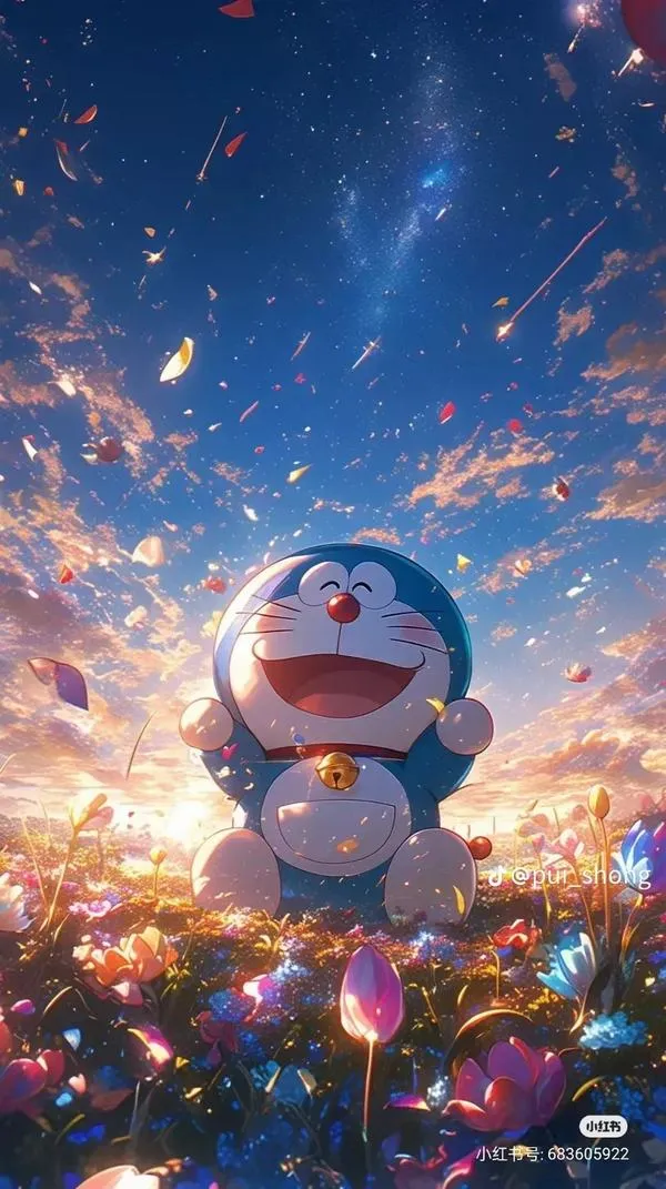 Bầu trời pháo sáng làm Doraemon mô phỏng chân thực nổi bật, thích hợp hình nền điện thoại lung linh.