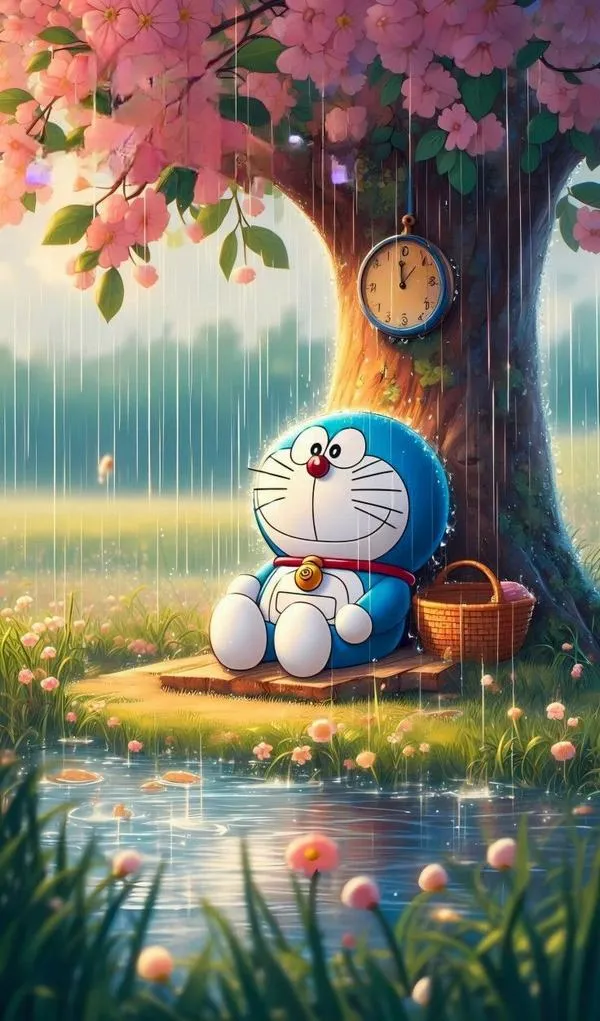 Góc đồng quê yên bình trong hình Doraemon dựng khối, màu xanh mịn, hợp hình nền thư thái.
