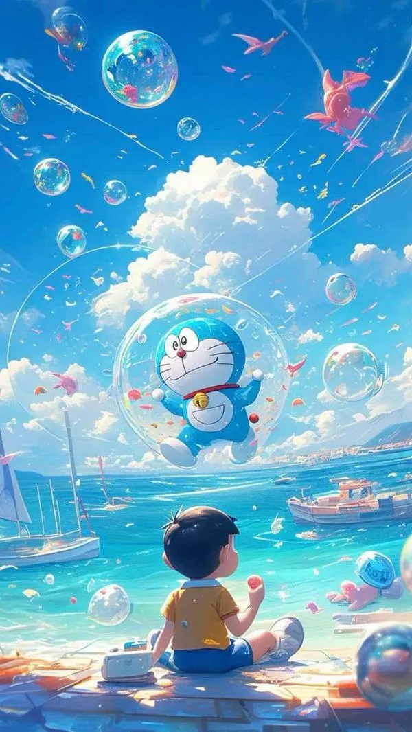 Cảnh biển trời có trẻ nhỏ ngắm nhìn ở tạo hình Doraemon kiểu điện ảnh, hợp ảnh bìa dịu dàng.