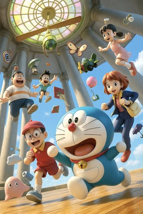 Khung nhà rộng và nhiều người chạy nhảy trong hình Doraemon dựng khối, hợp ảnh bìa năng động.