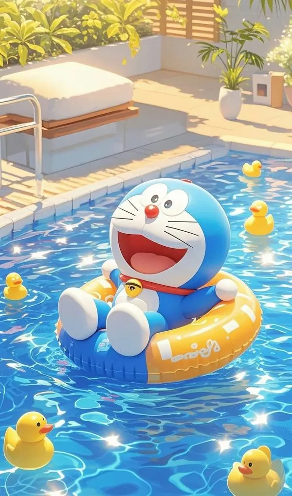 Phao bơi giữa hồ xanh trong Doraemon phiên bản đồ họa máy tính, nhìn đẹp, hợp hình nền mùa hè.