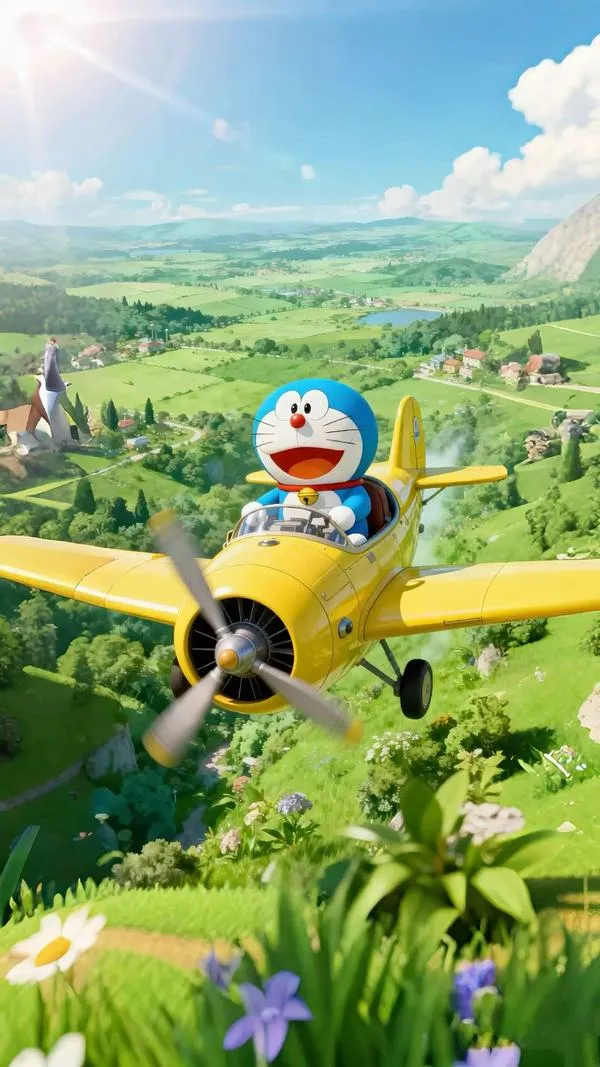 Máy bay lướt đồng cỏ ở hình Doraemon dựng khối, màu tươi, hợp tải ảnh làm hình nền điện thoại.