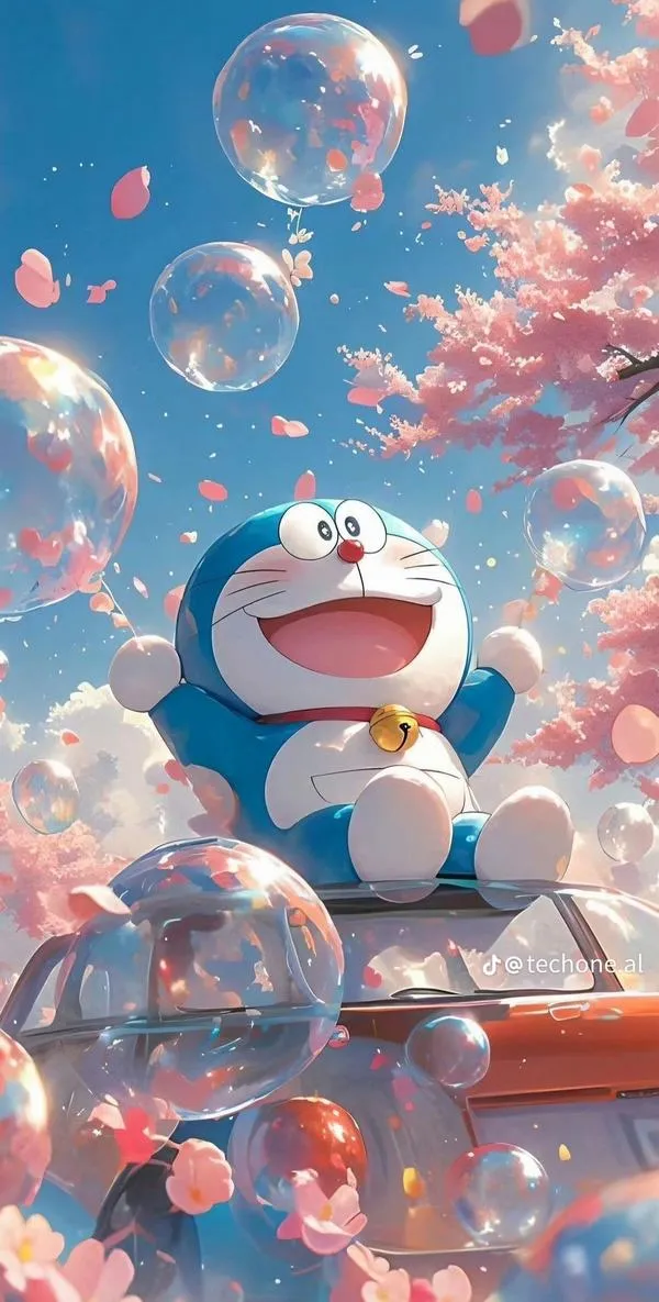Bong bóng hồng phủ khung hình trong tạo hình Doraemon kiểu điện ảnh, cận cảnh mắt bóng rất ngầu.