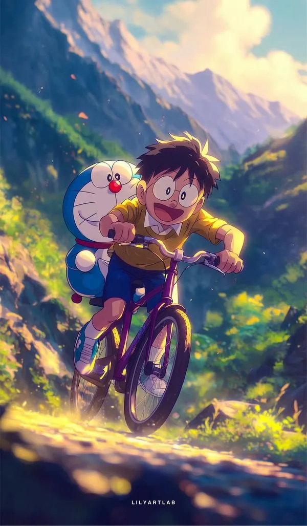 Ánh nắng rải trên đường đạp xe ở Doraemon mô phỏng chân thực, hợp tải ảnh làm hình nền.