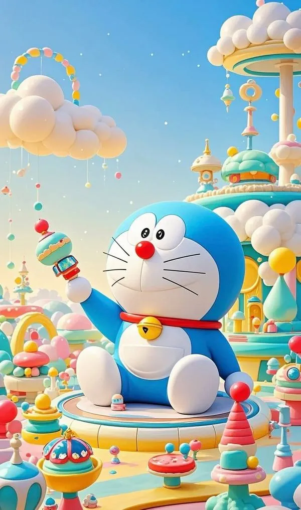 Công trình mơ mộng nền trời sáng trong Doraemon phiên bản đồ họa máy tính, hợp ảnh bìa nhẹ nhàng.
