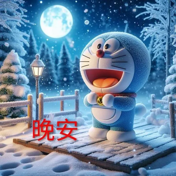 Trăng sáng và tuyết lạnh trong hình Doraemon dựng khối, cảm giác đẹp mà ngầu, hợp hình nền điện thoại.