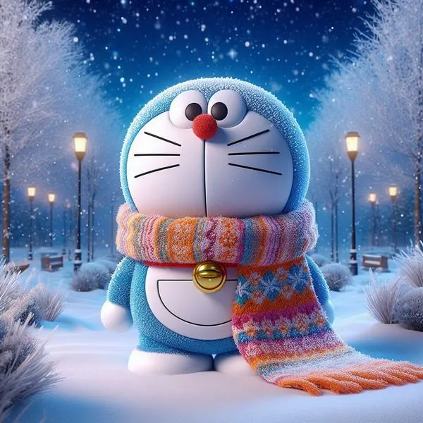 Khăn len và tuyết mịn trong Doraemon mô phỏng chân thực, nhìn ấm áp, hợp avatar mùa đông.