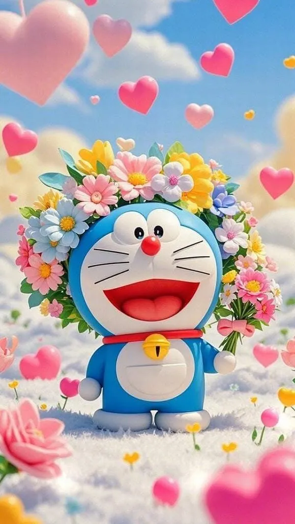 Vòng hoa và tim bay trong Doraemon phiên bản đồ họa máy tính, màu sáng, hợp hình nền dễ thương.