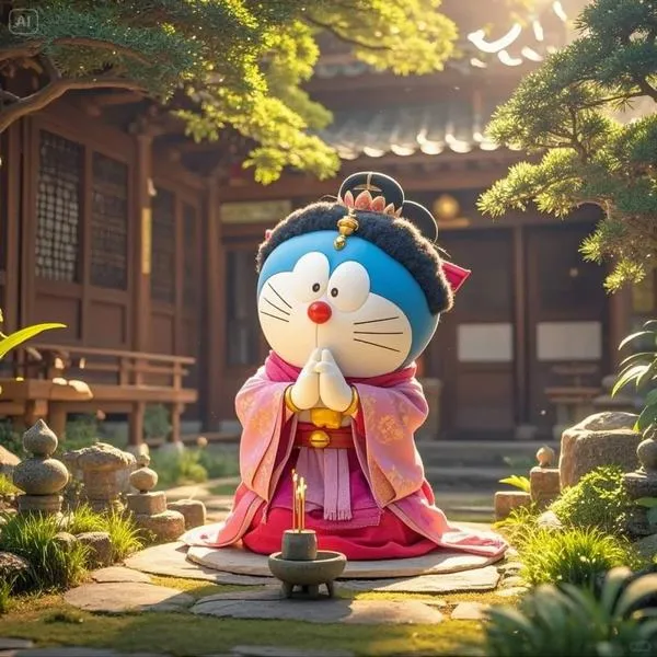 Trang phục truyền thống trong ảnh Doraemon phong cách 3D, bối cảnh gỗ ấm, hợp tải ảnh làm ảnh bìa.