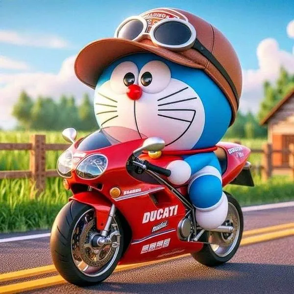 Xe máy đỏ chạy trên đường nắng ở tạo hình Doraemon kiểu điện ảnh, vibe ngầu, hợp avatar cá tính.