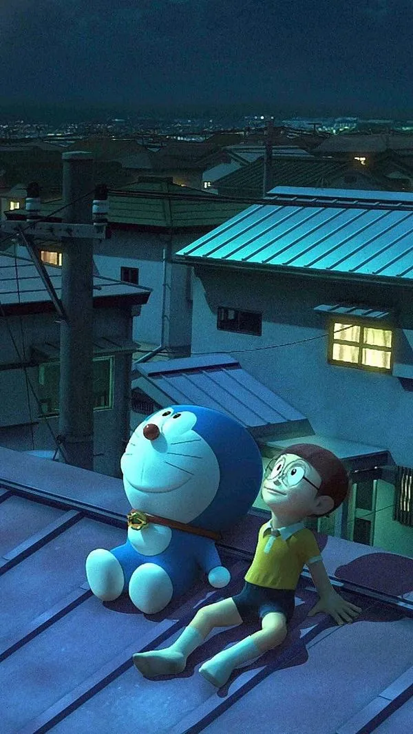 Tạo hình Doraemon kiểu 3D điện ảnh ngồi ban đêm trên mái nhà, ánh xanh lạnh và bóng đổ sâu