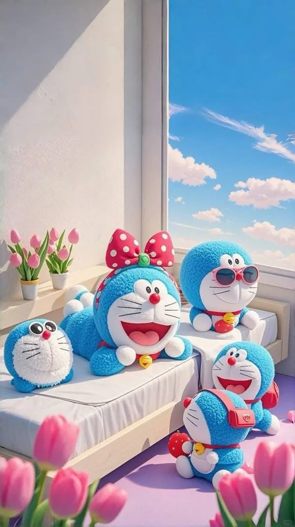 Ban công ngập nắng trong Doraemon mô phỏng chân thực, nhóm bạn quây quần, hợp ảnh bìa gia đình.