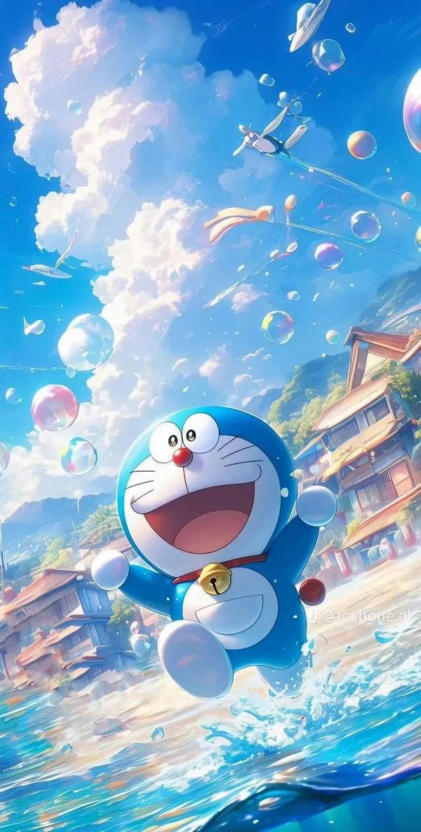 Doraemon mô phỏng chân thực bay giữa trời mây, phản sáng trên mặt, cảm giác thoáng và trong trẻo