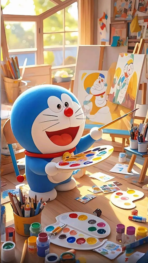 Phòng vẽ ấm áp trong hình Doraemon dựng khối, chi tiết rõ, hợp ảnh bìa cho bài viết.