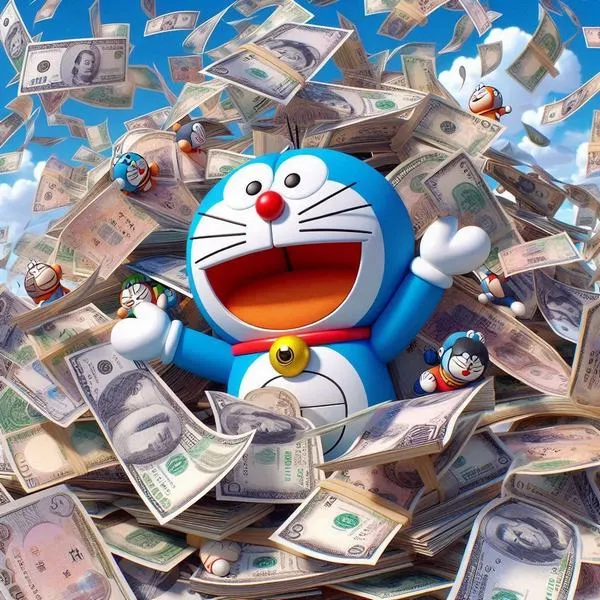Tiền bay tạo cảm giác hài hước trong tạo hình Doraemon kiểu điện ảnh, nhìn ngầu, hợp hình nền.