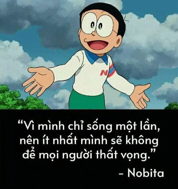 Nobita dang tay trước trời xám, nét mặt thất vọng, như đang tự nói chuyện với chính mình.