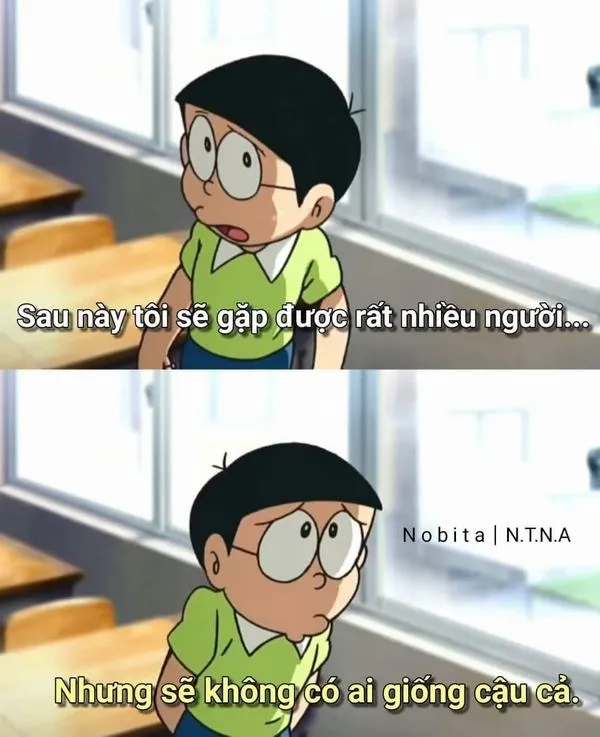 Nobita ngồi sát cửa sổ, ánh sáng lùa vào, tâm trạng cô quạnh theo từng nhịp thở.