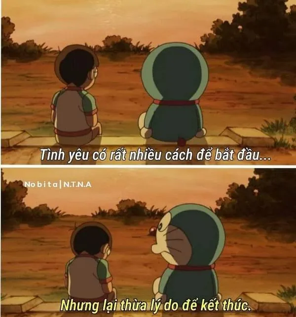 Nobita và Doraemon đi dưới hoàng hôn, bóng lưng nhỏ, buồn chậm như một lời tạm biệt.
