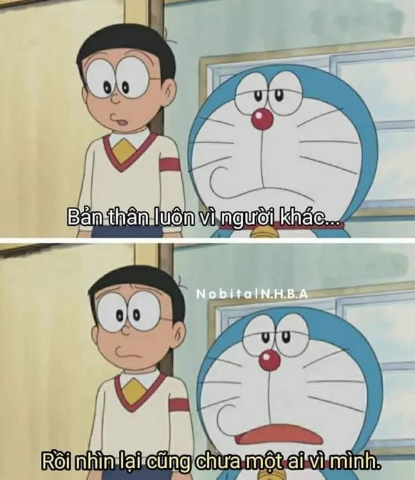 Doraemon đối diện Nobita, khoảng cách nhỏ mà xa, ánh mắt tủi thân không giấu được.