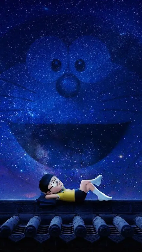 Doraemon trong nền xanh tối, một mình giữa khoảng trống, cảm giác cô quạnh lan khắp khung hình.