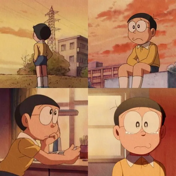Nobita bị mắng, đứng lặng ở góc nhà, nét mặt trống rỗng mà đau nhói trong lòng.