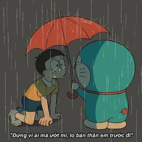 Nobita và Doraemon dưới mưa, hai chiếc ô che nhau, cô đơn giảm đi vì còn đồng hành.