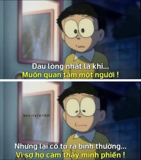 Cận mặt Nobita, mắt đờ và mỏi, như chỉ cần một cái ôm để đỡ đau.