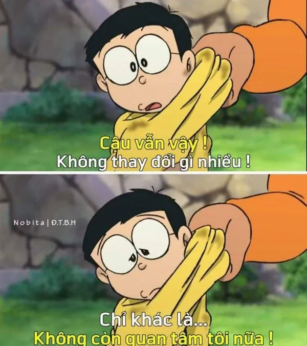 Nobita che mặt, vai co lại, buồn lặng kiểu tủi thân khi chẳng biết nói cùng ai.