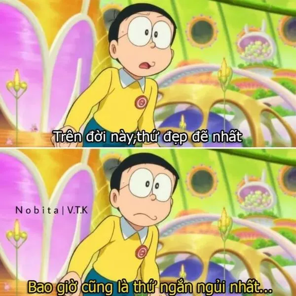 Nobita đứng giữa màu sắc rực, vẫn thấy lạc lõng, tâm trạng nặng như đang thất tình.