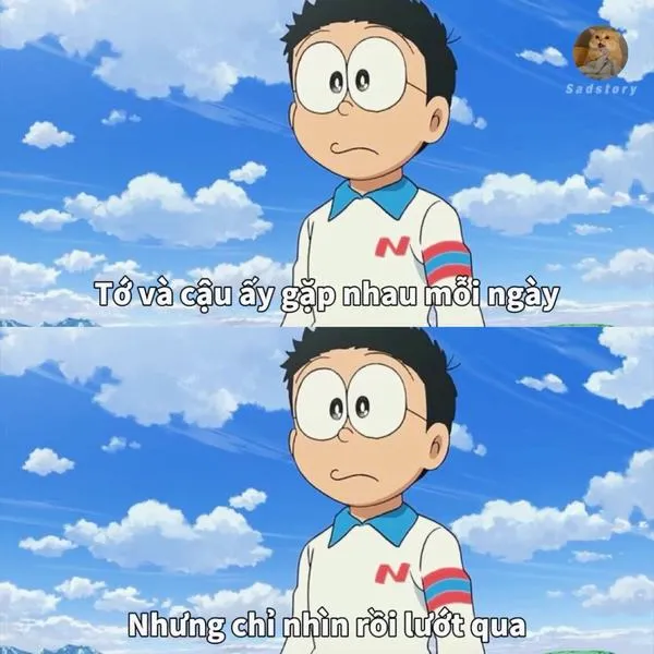 Nobita ngước nhìn bầu trời xanh, gió thổi qua, nét buồn tâm trạng kéo dài mãi.