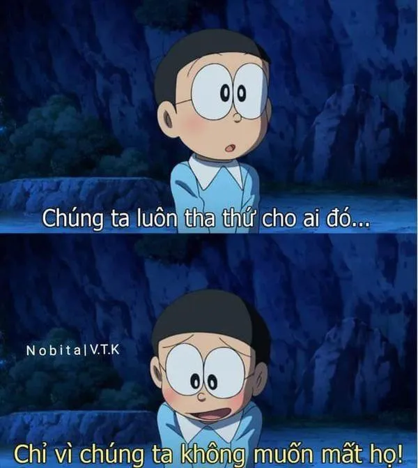 Nobita trong hang tối, mắt ươn ướt, cảm giác bị bỏ lại khiến lòng trống rỗng.