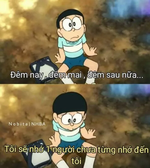 Nobita đứng dưới tán cây chiều, nhìn xa, buồn lặng như đang tự nhắc mình cố lên.