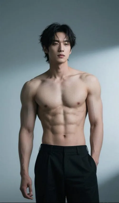 Dáng đứng studio sáng, vai rộng eo gọn, ảnh trai 6 múi kiểu nam thần tối giản.