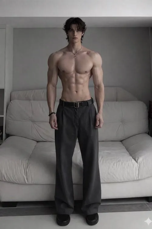 Đứng trước sofa, cơ bụng 6 múi rõ, dáng thẳng làm tổng thể cân xứng.