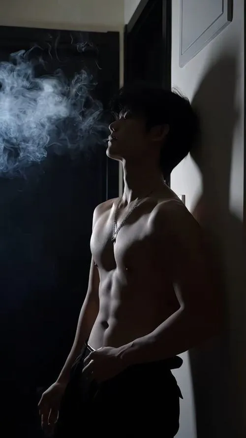 Trai 6 múi Silhouette bán thân trong khói, ánh sáng tương phản, không khí lạ mắt, vibe trai đẹp cute