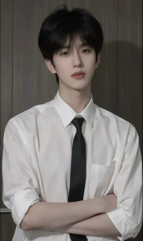 Sơ mi trắng cà vạt, gương mặt sáng, phong thái gọn gàng, kiểu ảnh chàng trai đáng yêu