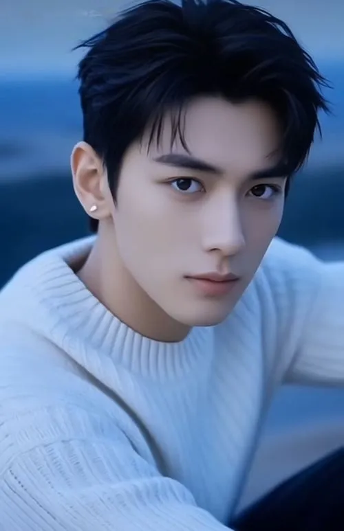 Trai chất áo len xanh nhạt, tông lạnh dịu, nhìn nghiêng nhẹ như gió biển lướt qua.