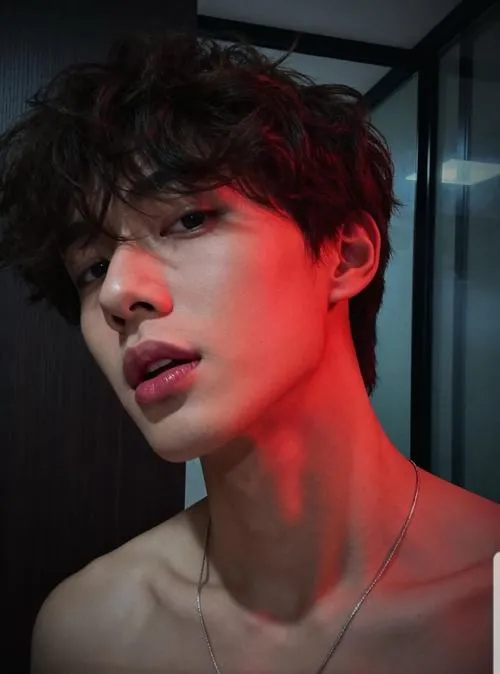 Trai phong trần ánh đèn đỏ, bóng đổ ôm gò má, vẻ mặt bình thản mà sắc.