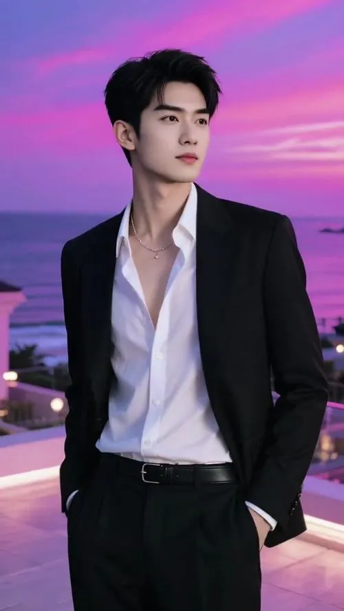 Trai chất mặc suit, nền hoàng hôn tím, dáng đứng thẳng tạo cảm giác tự chủ.