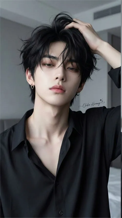 Nam thần lạnh lùng suit đen, cổ áo gọn, tay chạm cằm như đang cân nhắc.