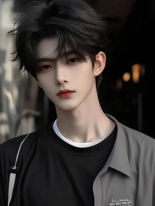 Trai lạnh suit tối, nền trời tím, dáng đứng thẳng tạo cảm giác tự chủ và kín tiếng.