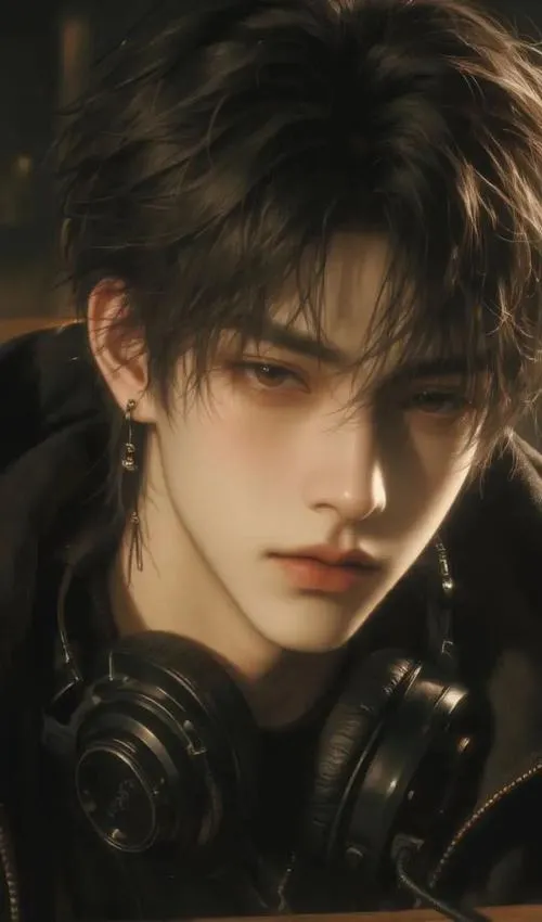 Nam thần lạnh lùng trong phòng tối, ánh màn hình xanh, hình xăm tay làm vibe mạnh hơn.