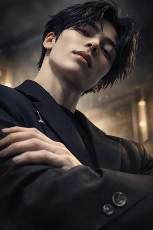 Trai chất tóc vuốt dựng, bóng đổ sâu, dáng đứng im mà vẫn có lực.