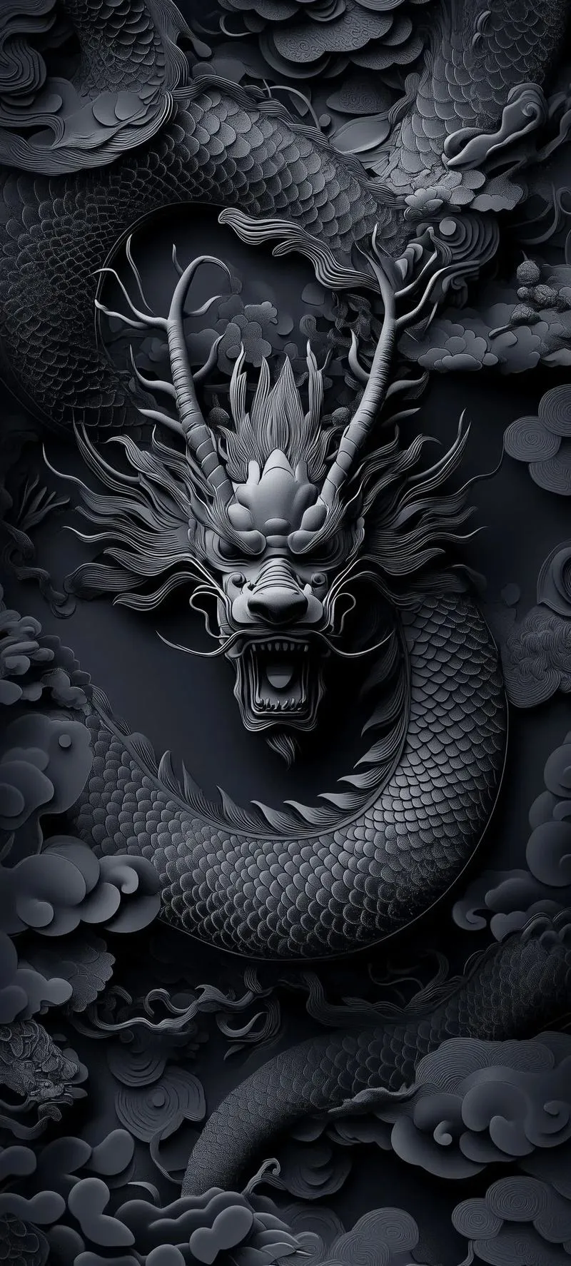 Hình nền 4K rồng đen đơn sắc, ánh sáng thấp, vảy nổi rõ, hợp ai thích ngầu bí ẩn