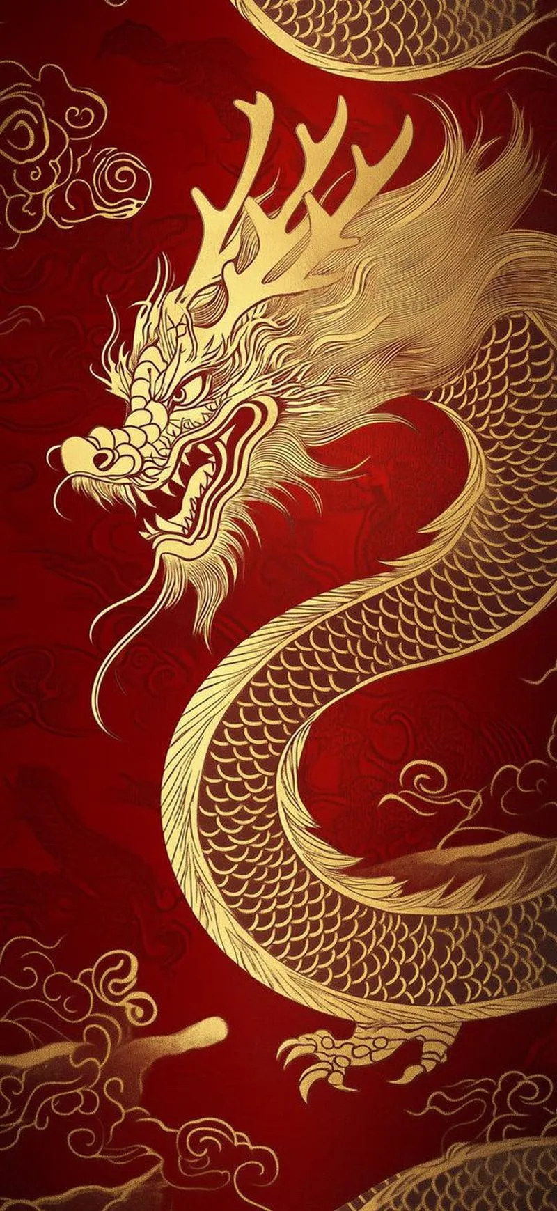 Ảnh nền rồng vàng nền đỏ cổ điển, chi tiết râu sừng rõ, tải ảnh 4K trang trí màn hình