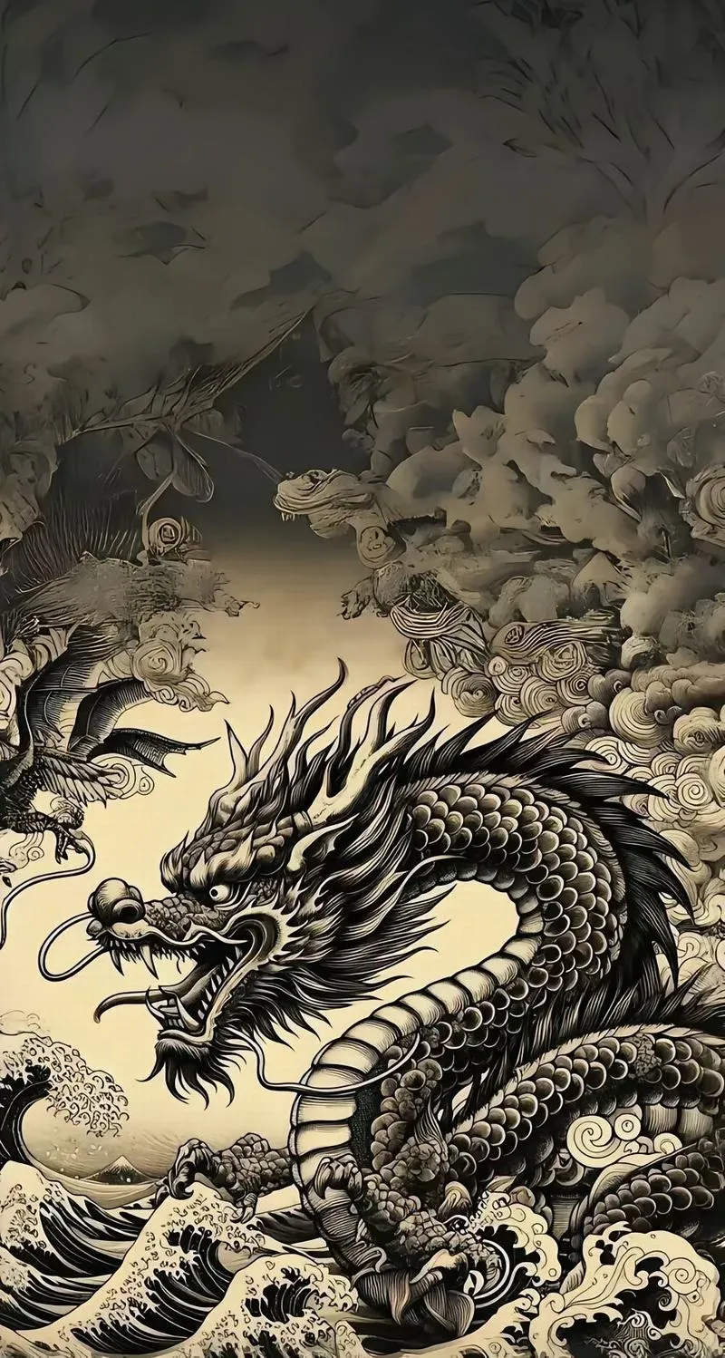 Hình nền rồng đen giữa mây xám, dáng dài uốn lượn, cảm giác linh thiêng, đẹp kiểu 4K