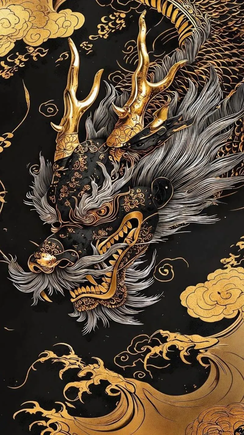 Hình nền 4K cận cảnh đầu rồng đen vàng, mắt sắc, vảy dày, hợp điện thoại cá tính